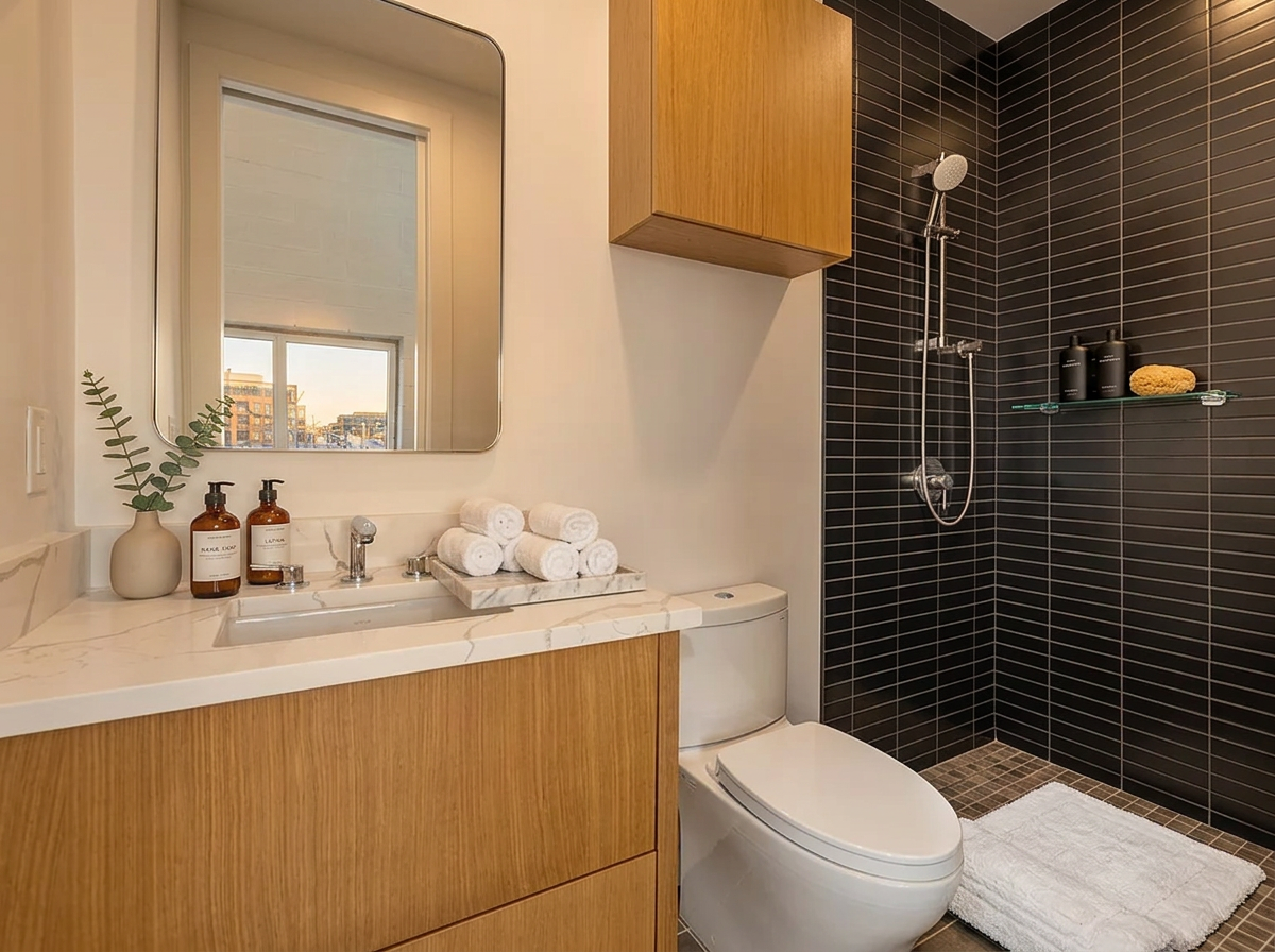 Bathroom with white oak vanity and dark tile shower