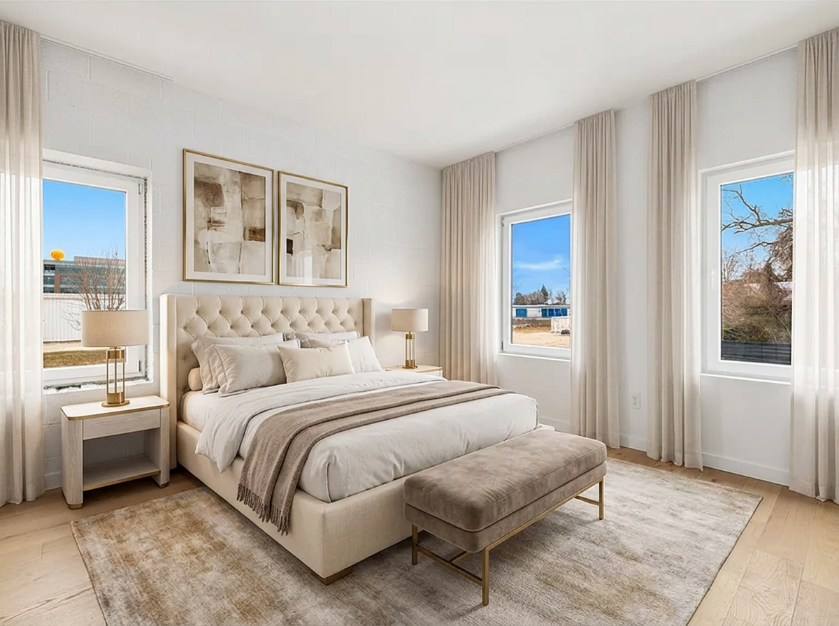 Light-filled bedroom with white oak floors and Home Office views