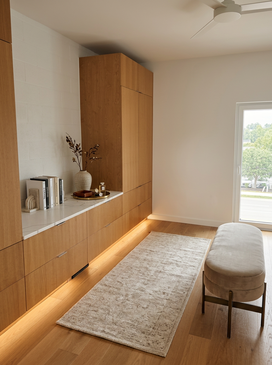 Dressing area with white oak millwork and marble counter