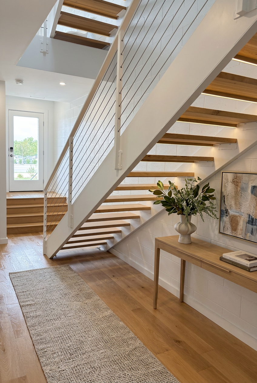 Entry foyer beneath the open white oak staircase