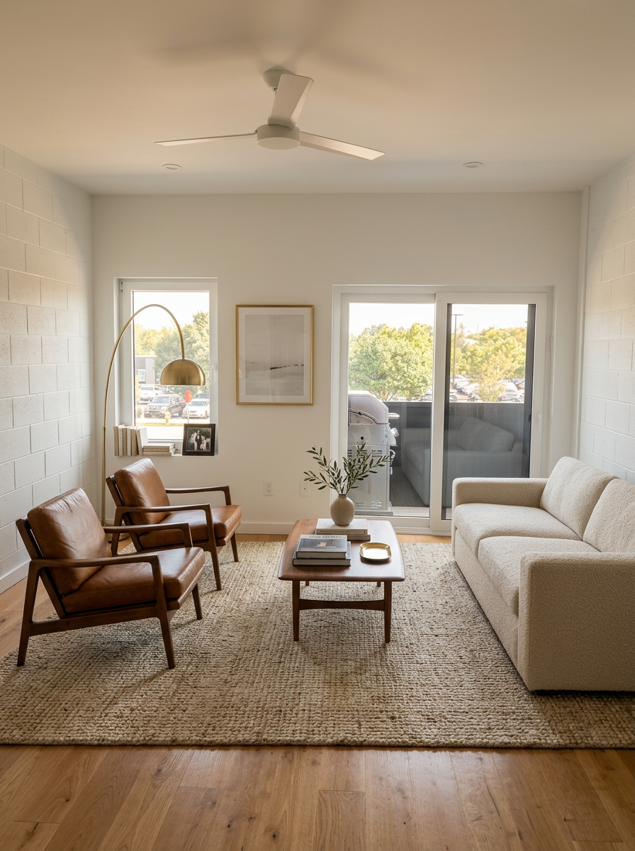 Living room with bouclé sofa, leather lounge chairs and grill balcony