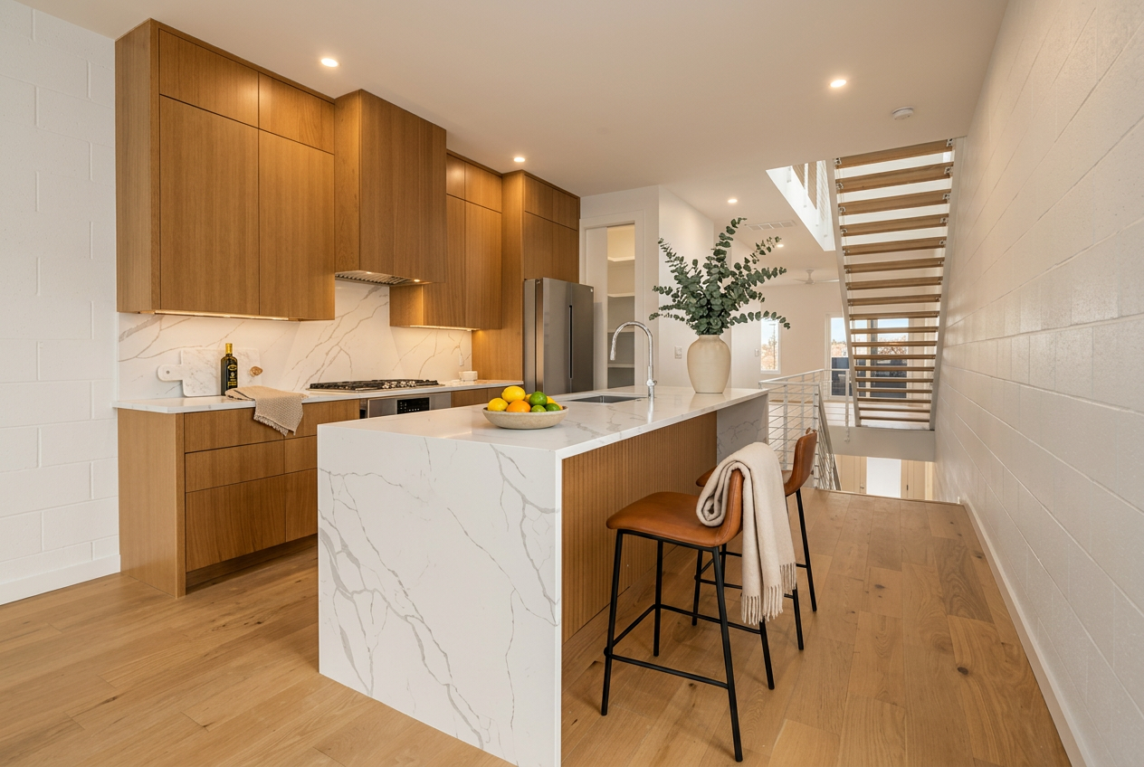 Chef's kitchen with white oak cabinetry and quartz waterfall island