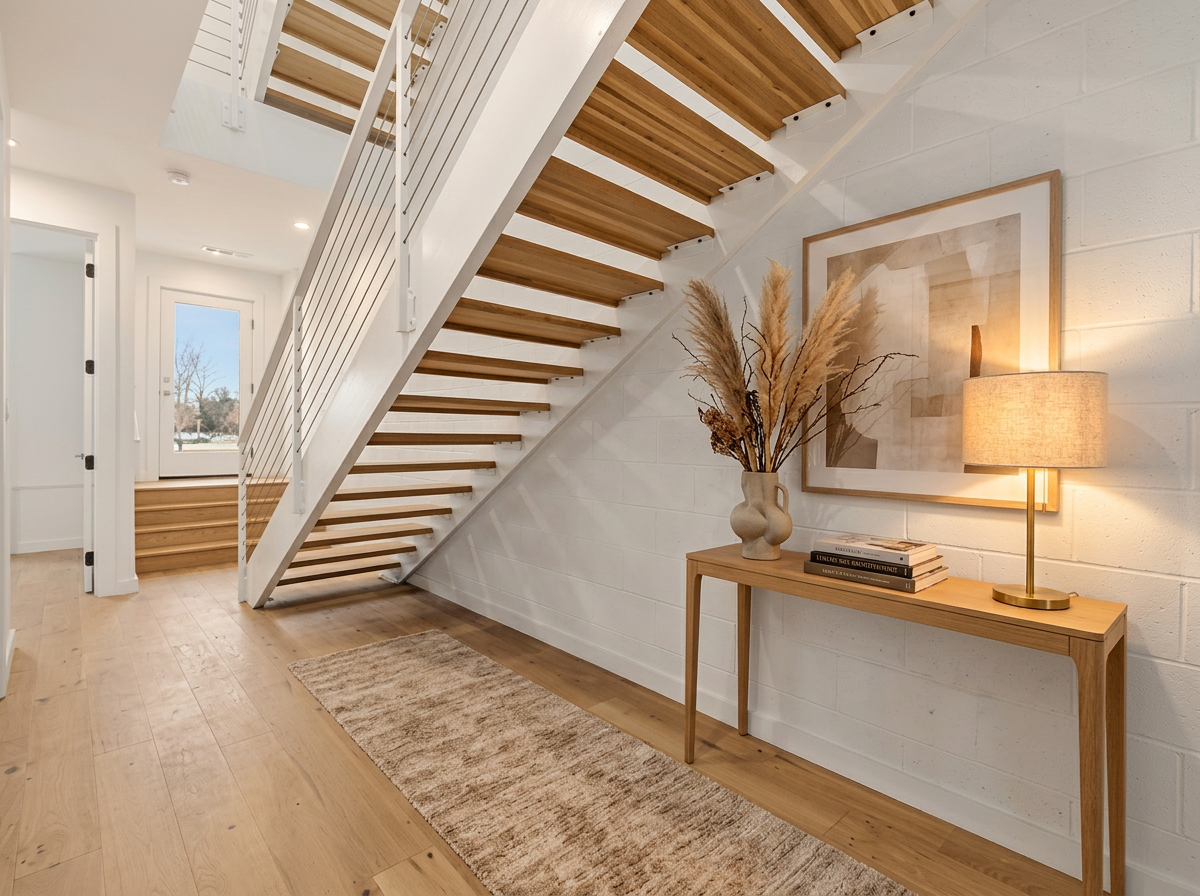 Open white oak staircase across three floors