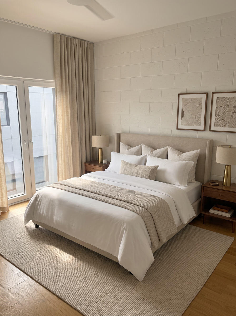 Primary suite with hotel-weight linens and balcony access
