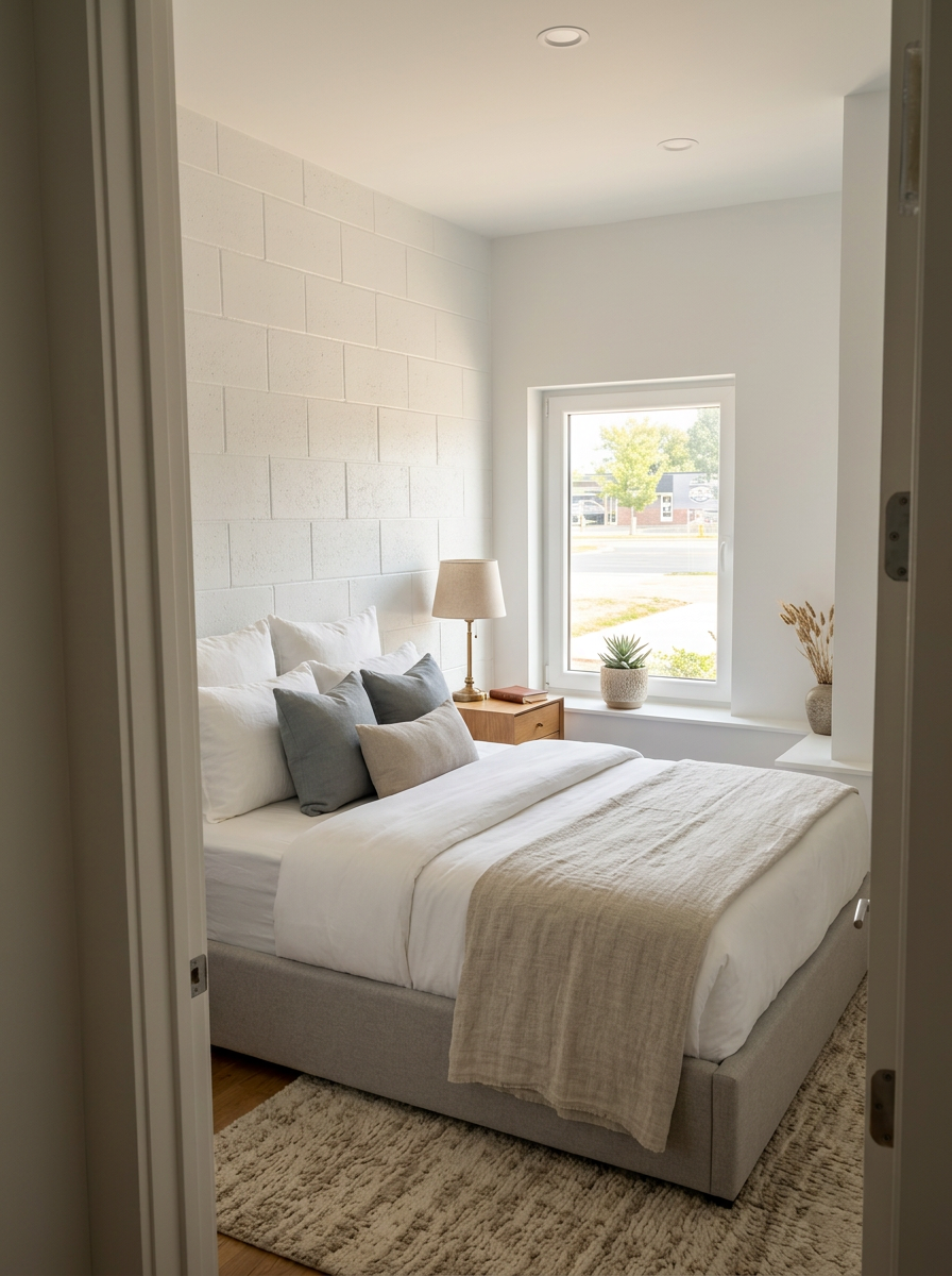 Guest suite with layered linens and morning light